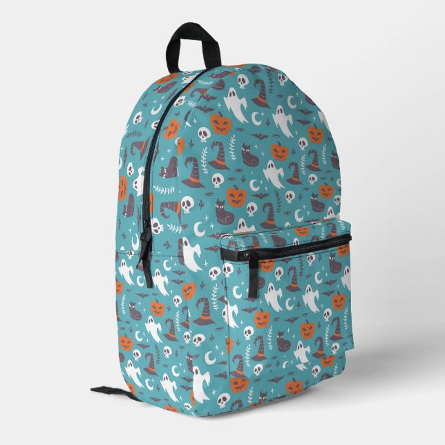 Fun Aquamarin Doodle Halloween Muster Bedruckter Rucksack (Rückseitige Ecke links)