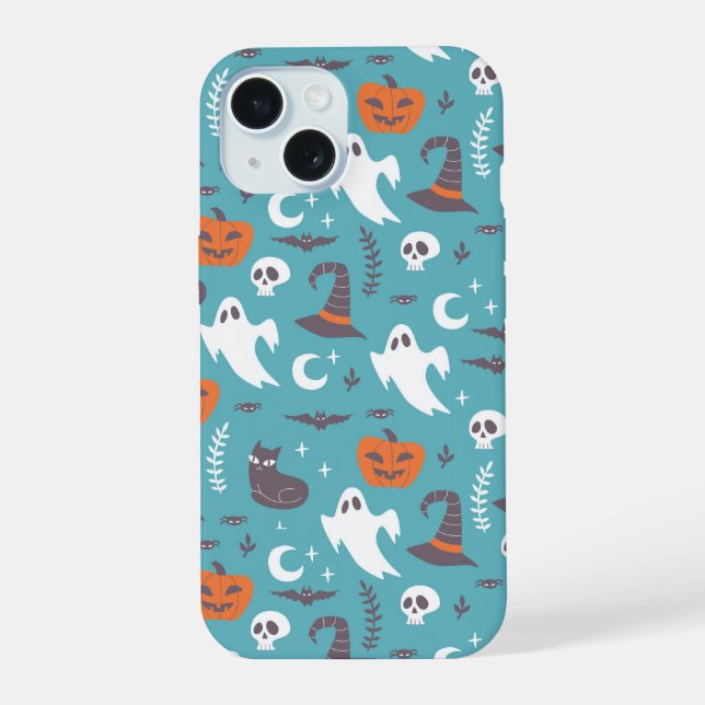 Fun Aquamarin Doodle Halloween Muster iPhone 15 Hülle (Rückseite)