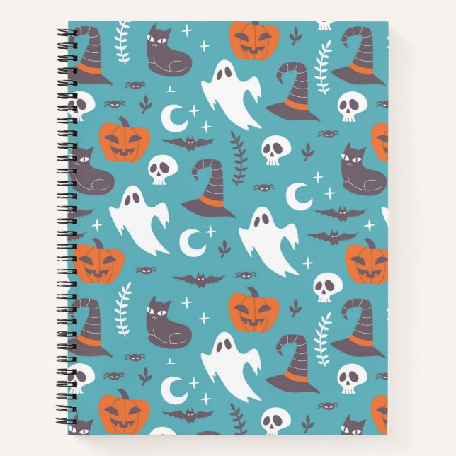Fun Aquamarin Doodle Halloween Muster Notizbuch (Vorderseite)