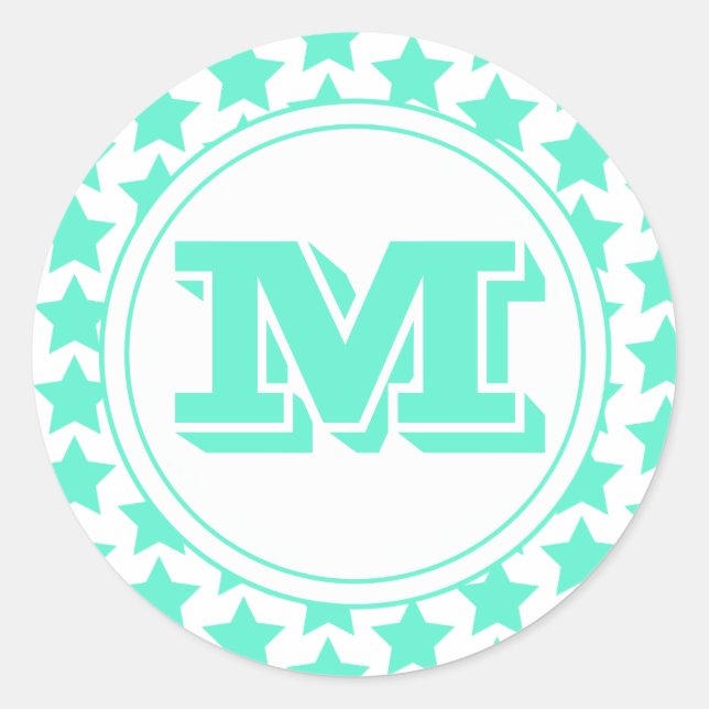 Fun Aquamarin Stars Muster & Monogramm Runder Aufkleber (Vorderseite)