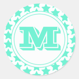 Fun Aquamarin Stars Muster & Monogramm Runder Aufkleber
