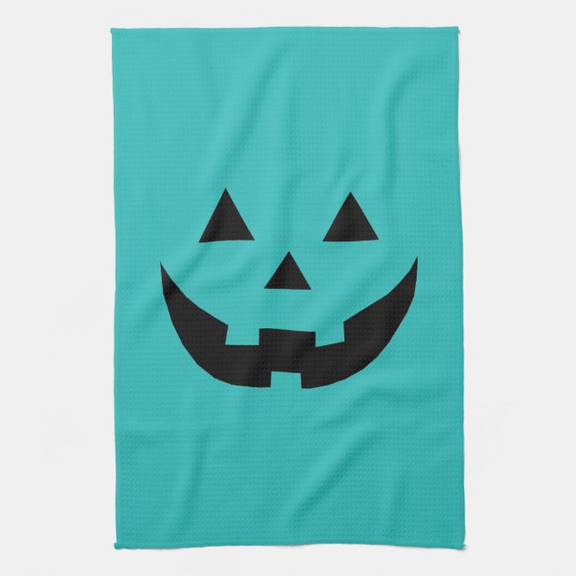 Fun aquamarine Kürbislaterne Kürbisgesicht Hallowe Geschirrtuch (Vertikal)