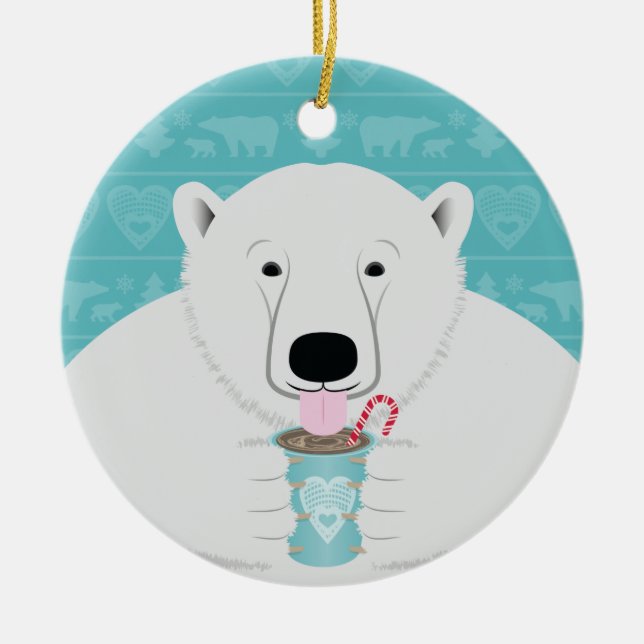 Fun Arctic Polar Bear Sips Hot Chocole auf Aquamar Keramik Ornament (Vorne)