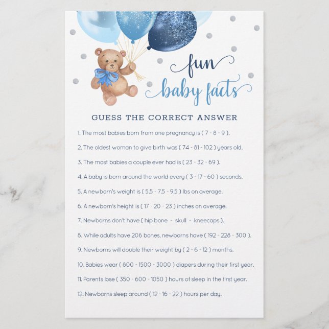 Fun Baby Facts Game Baby Shower Teddy Bear (Vorderseite)