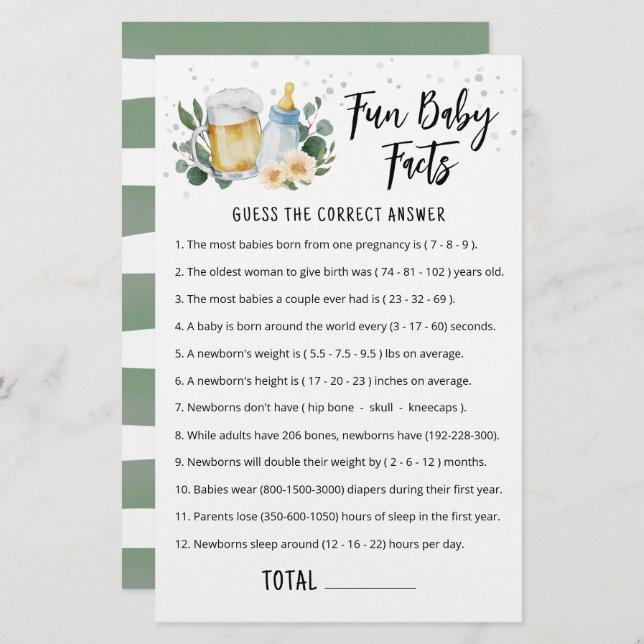 Fun Baby Fakts Game Greenery Baby Braut (Vorne/Hinten)