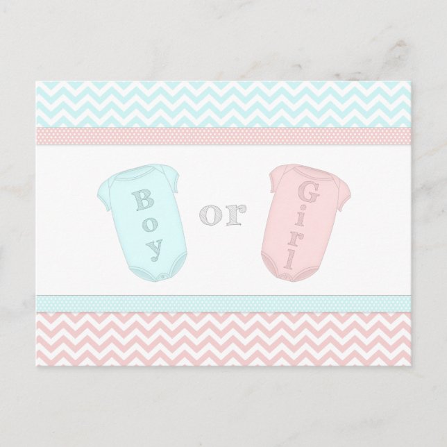 Fun Baby One Piece Pink und Blue Gender Reveal Einladungspostkarte (Vorderseite)