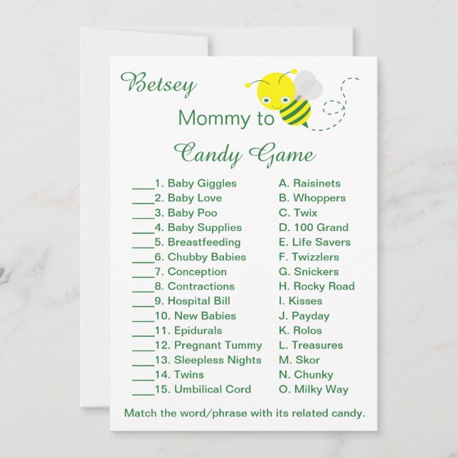 Fun Baby Shower Candy Game Cards Einladung (Vorderseite)