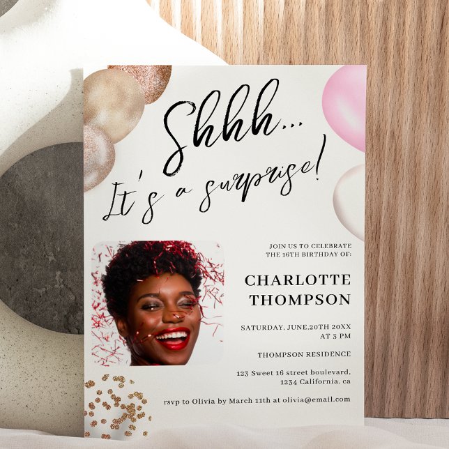 Fun Ballons goldweißes Foto Überraschung Sweet 16 Einladung (Von Creator hochgeladen)