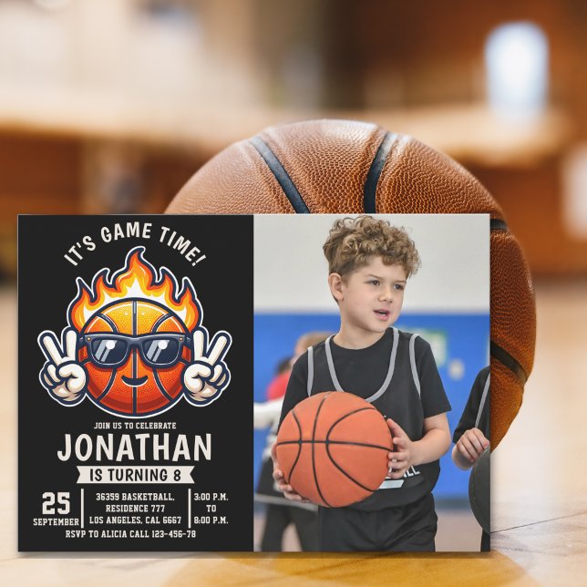 Fun Basketball Birthday boy with photo Einladung (Von Creator hochgeladen)