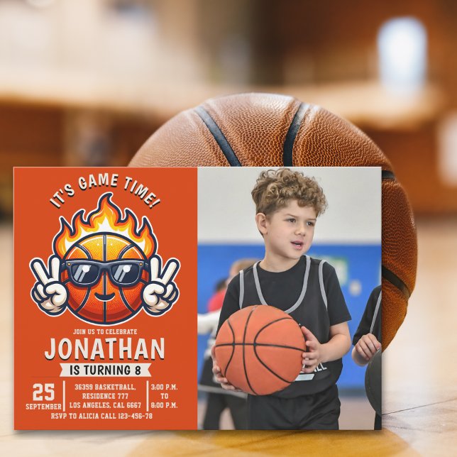 Fun Basketball Birthday boy with photo Einladung (Von Creator hochgeladen)