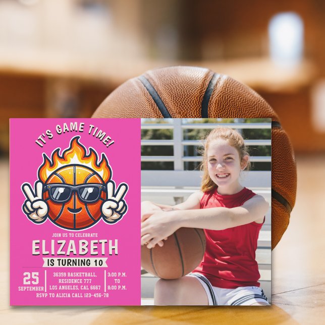 Fun Basketball Birthday Girl with photo Einladung (Von Creator hochgeladen)