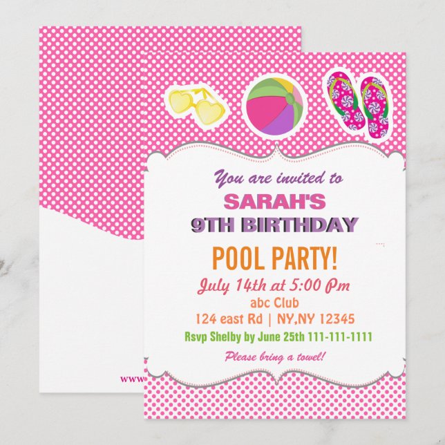 Fun Beach Ball Flipflop Girls Pool Party lädt ein Einladung (Vorne/Hinten)