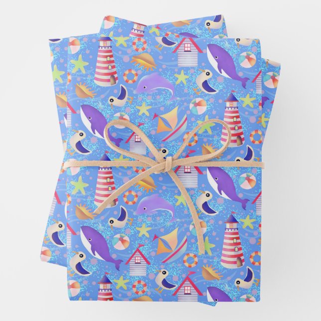 Fun Beach Blue Wrapping Paper Geschenkpapier Set (Beispiel)
