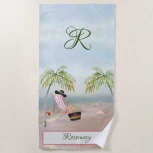 Fun Beach Scene Glam Palm Tree Monogram Name Strandtuch