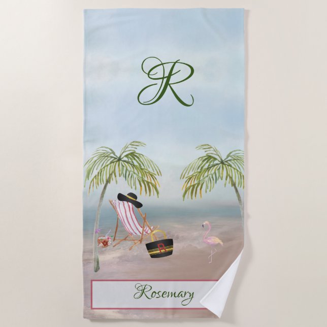 Fun Beach Scene Glam Palm Tree Monogram Name Strandtuch (Vorderseite)