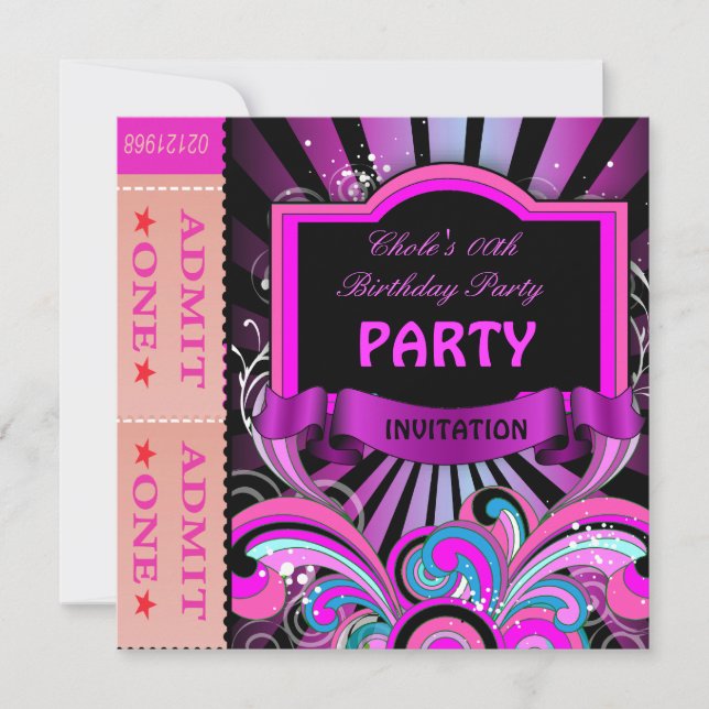 Fun Birthday Party Girls Hot Pink Tickets Einladung (Vorderseite)