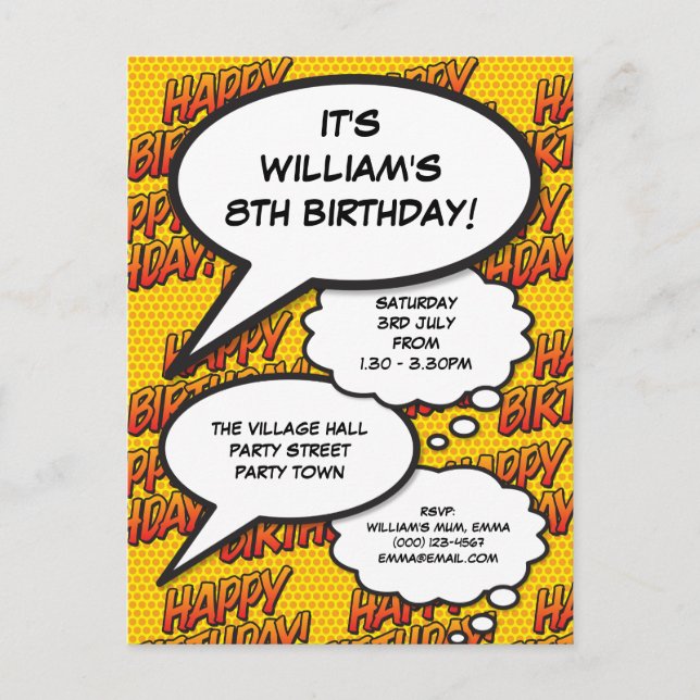 Fun Birthday Party Speech Comic Bubbles Foto Einladungspostkarte (Vorderseite)