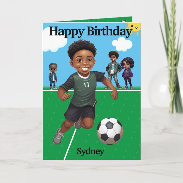 Fun Black Boy Soccer Secret Message Happy Birthday Karte (Vorderseite)