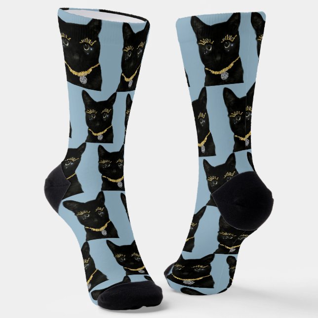 Fun Black Cat Foto Custom Dusty Blue Socken (Gewinkelt)