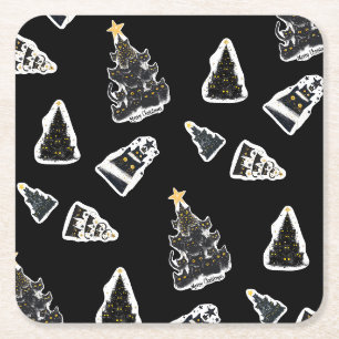 Fun Black Cat Meowy Weihnachtsbaum Rechteckiger Pappuntersetzer