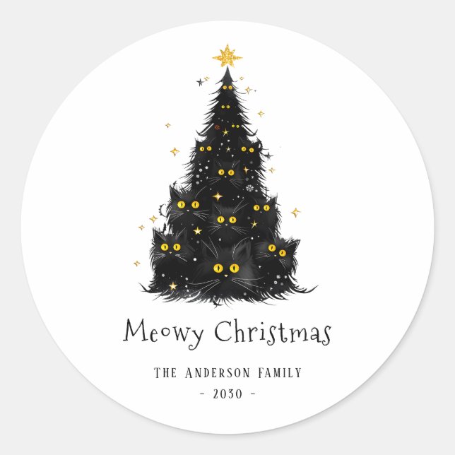 Fun Black Cat Meowy Weihnachtsbaum Runder Aufkleber (Vorderseite)