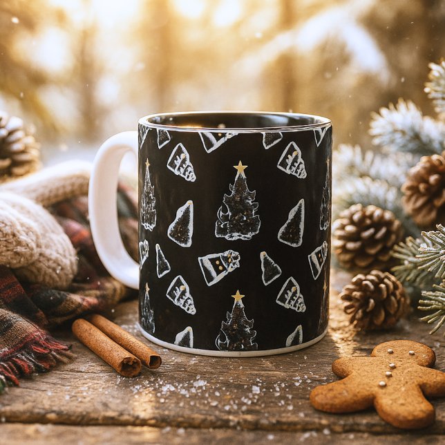Fun Black Cat Meowy Weihnachtsbaum Zweifarbige Tasse (Von Creator hochgeladen)