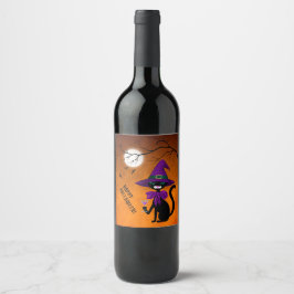 Fun Black Cat Trinken Wein Hexenhut Halloween Weinetikett