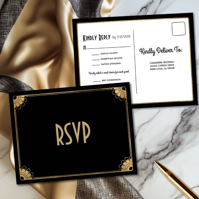 Fun Black Gold Art Deco Meetingoptionen Hochzeit R Postkarte (Elegant black and gold art deco wedding RSVP postcard with three meal choices)