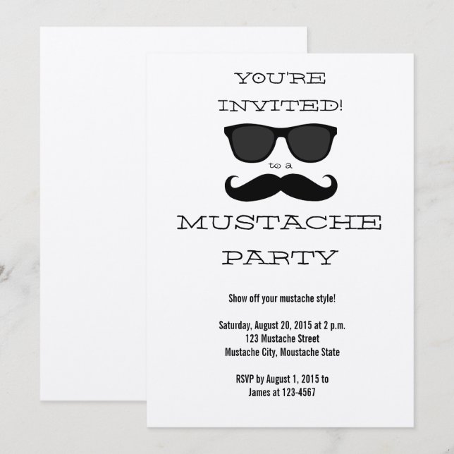 Fun Black Mustache und Sonnenbrille Party Einladun Einladung (Vorne/Hinten)