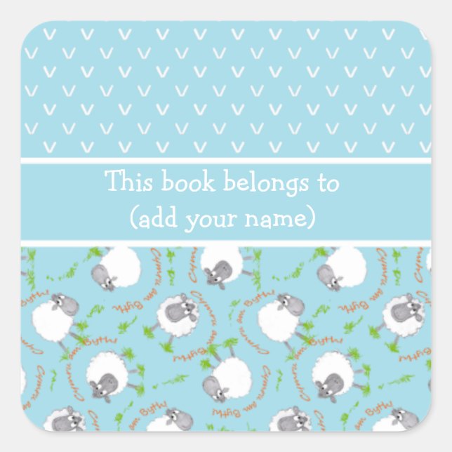 Fun Blau und Weiß Buchzeichen mit Comic Sheep Quadratischer Aufkleber (Vorderseite)