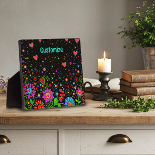 Fun Bloral Heart Whimsical Personalisiert Black Fotoplatte