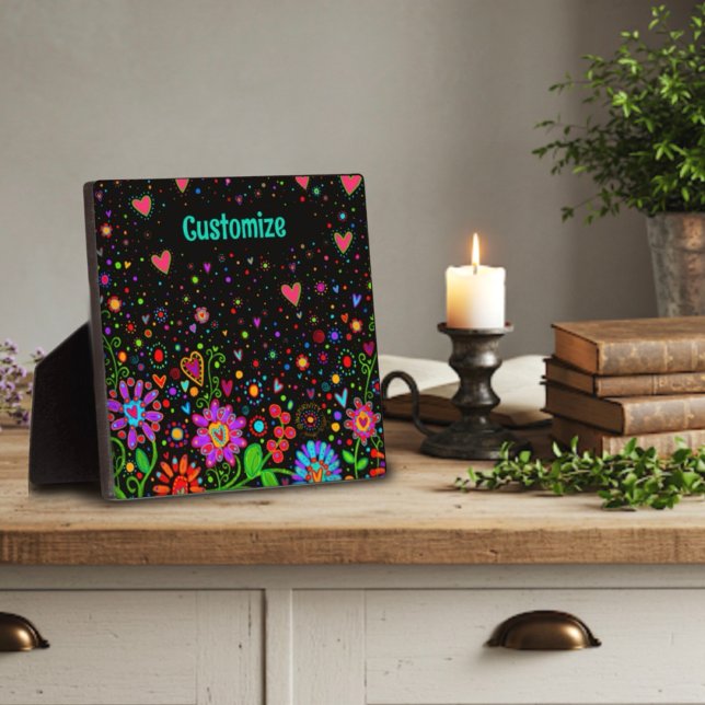Fun Bloral Heart Whimsical Personalisiert Black Fotoplatte (Von Creator hochgeladen)