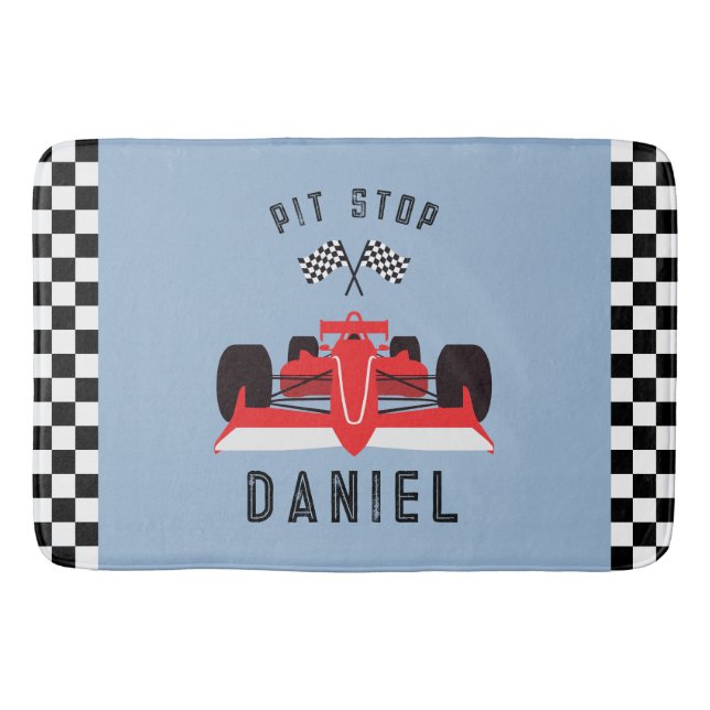 Fun Blue Kids Red Racing Car Badematte (Vorderseite)