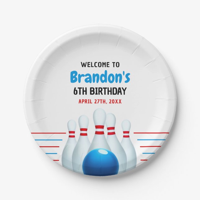 Fun Blue & Red Bowling Kinder 6. Geburtstag Pappteller (Vorderseite)
