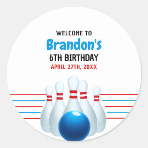 Fun Blue & Red Bowling Kinder 6. Geburtstag Runder Aufkleber