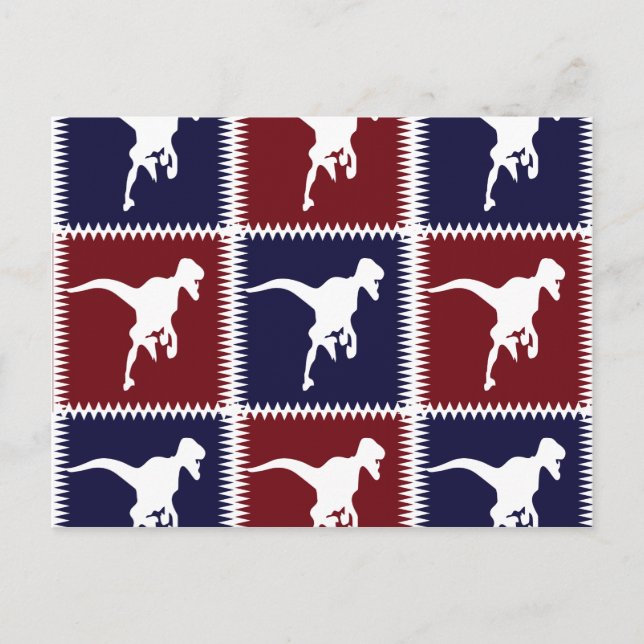 Fun Blue Red T Rex Dinosaur Square Muster Postkarte (Vorderseite)