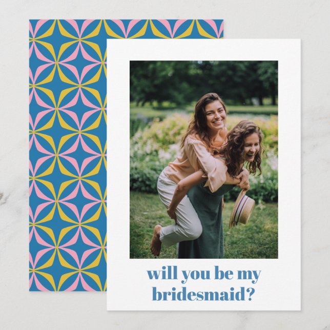 Fun Blue Retro Muster Bridesmaid Vorschlag Mitteilungskarte (Vorne/Hinten)
