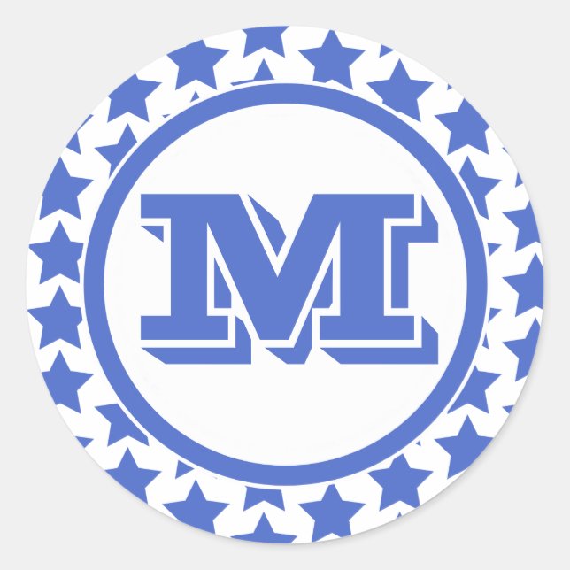 Fun Blue Stars Muster und Monogramm Runder Aufkleber (Vorderseite)