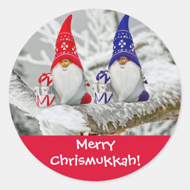 Fun Blue und Red Merry Chrismukkah Santa Elves Runder Aufkleber (Vorderseite)
