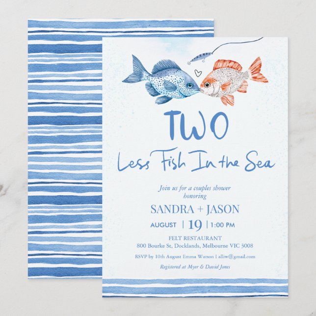 Fun Blue Zwei weniger Fish Sea Bridal Paare Dusche Einladung (Vorne/Hinten)
