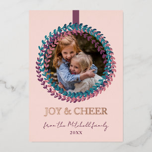 Fun Blush Pink Aquamarin Blue Wreath Rose Gold Folien Feiertagskarte