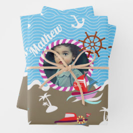 Fun Boats Foto Brown Blue Wrapping Paper Sheets Geschenkpapier Set