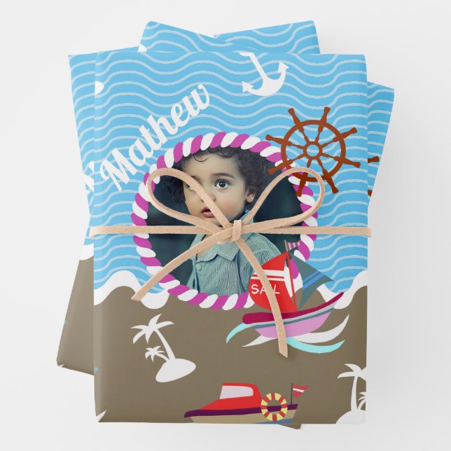 Fun Boats Foto Brown Blue Wrapping Paper Sheets Geschenkpapier Set (Beispiel)