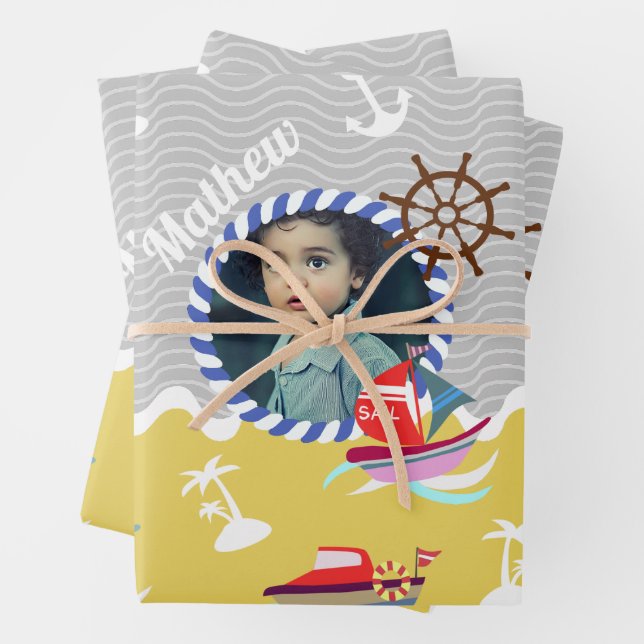 Fun Boats Foto Graugelb Geschenkpapier Set (Beispiel)