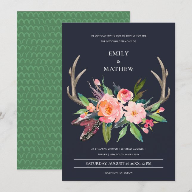 FUN BOHO NAVY BLUSH ANTLER FLORAL LANDWEDDING EINLADUNG (Vorne/Hinten)