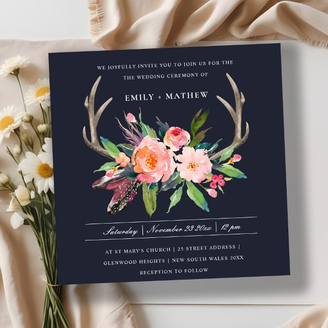 FUN BOHO NAVY BLUSH ANTLER FLORAL LANDWEDDING EINLADUNG (Von Creator hochgeladen)