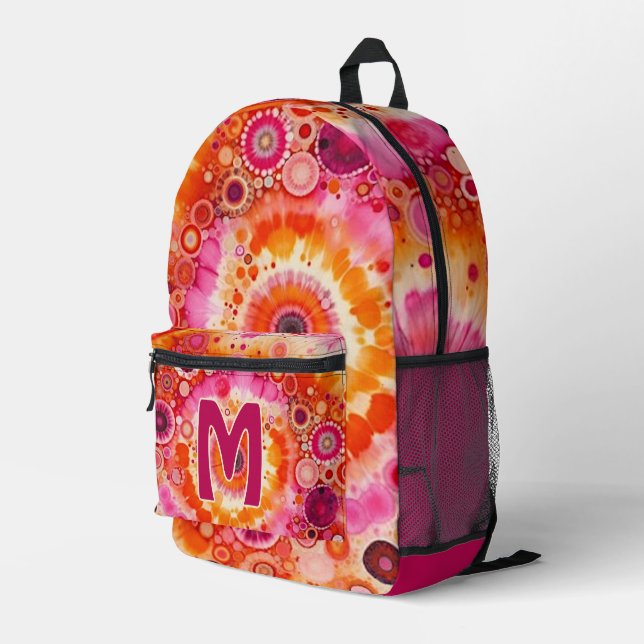Fun Bold Orange Hot Pink Batik Circles Art Pattern Bedruckter Rucksack (Rückseitige Ecke Rechts)