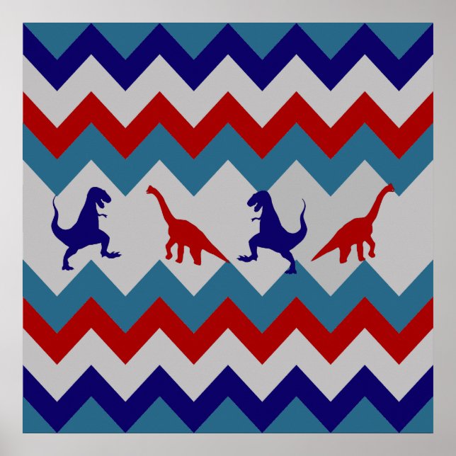 Fun Boys Dinosaurs Red Blue Chevron Pattern Poster (Vorne)