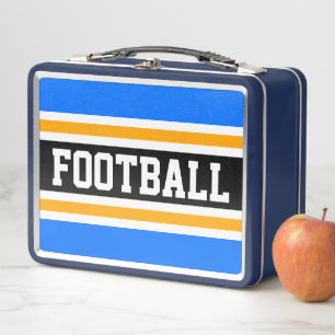 Fun Bright Blue Black Yellow FOOTBALL Streifen Metall Brotdose