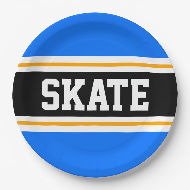 Fun Bright Blue Black Yellow SKATE Racing Streifen Pappteller (Vorderseite)
